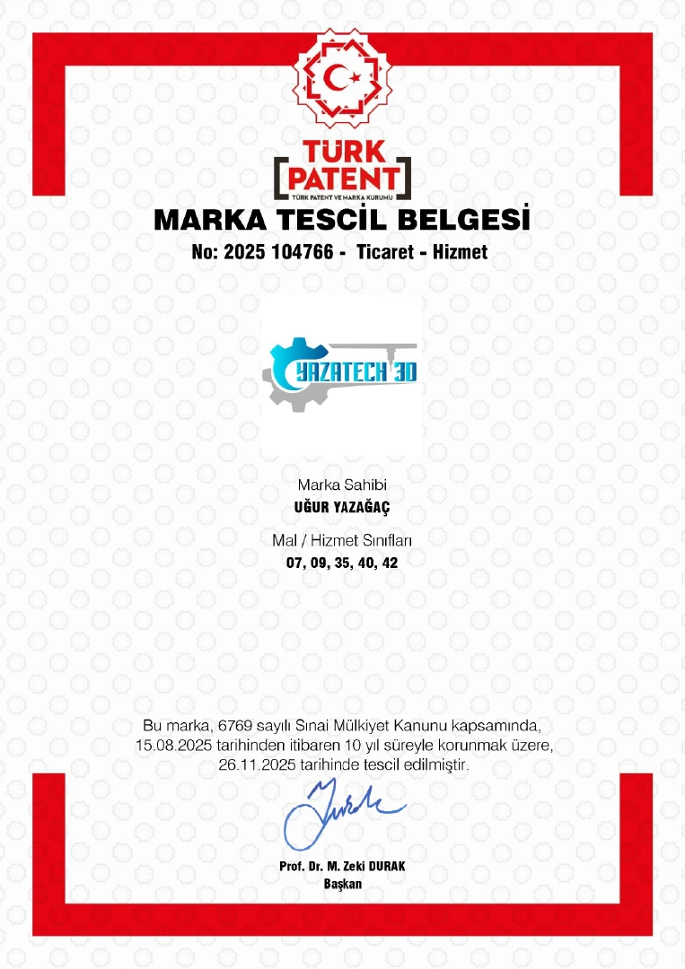 YazaTech 3D Türk Patent Marka Tescil Belgesi